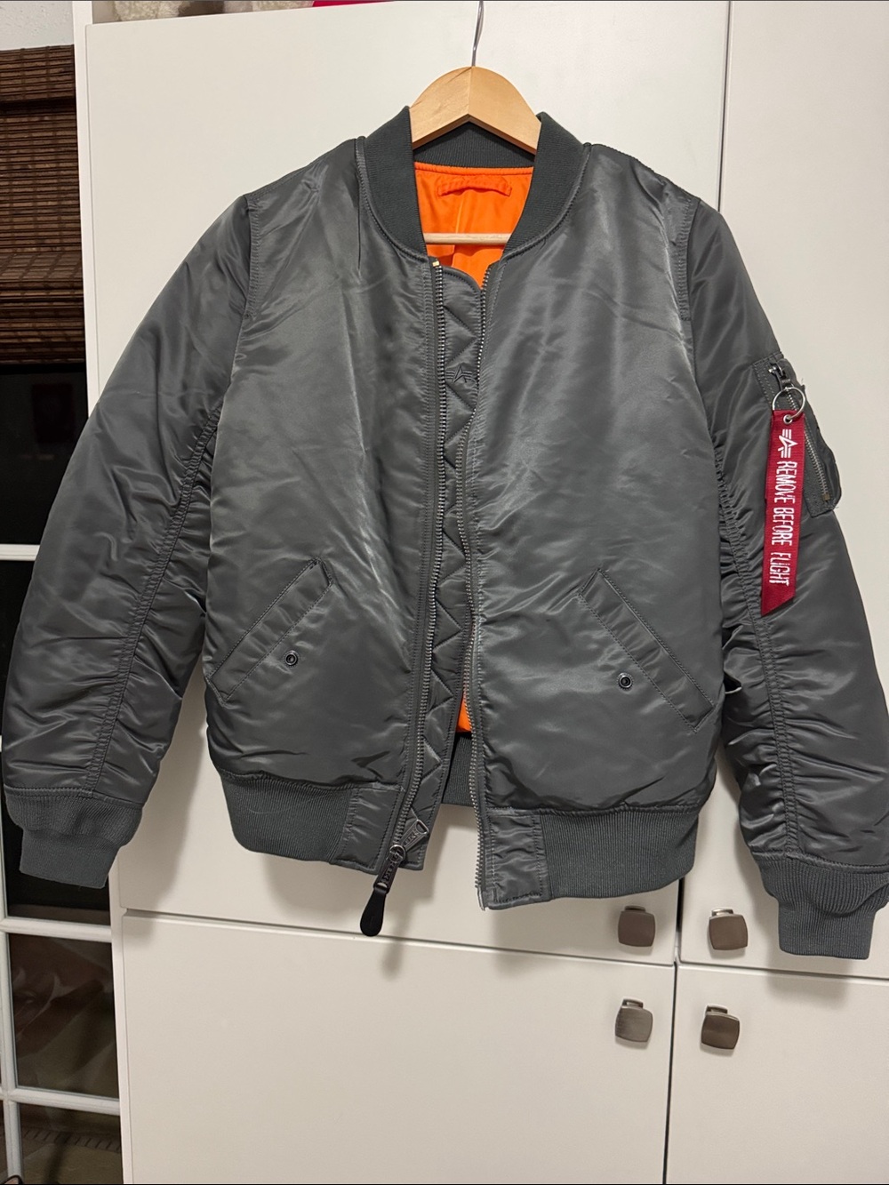 Men's Gray Bomber Jacket with Orange Lining